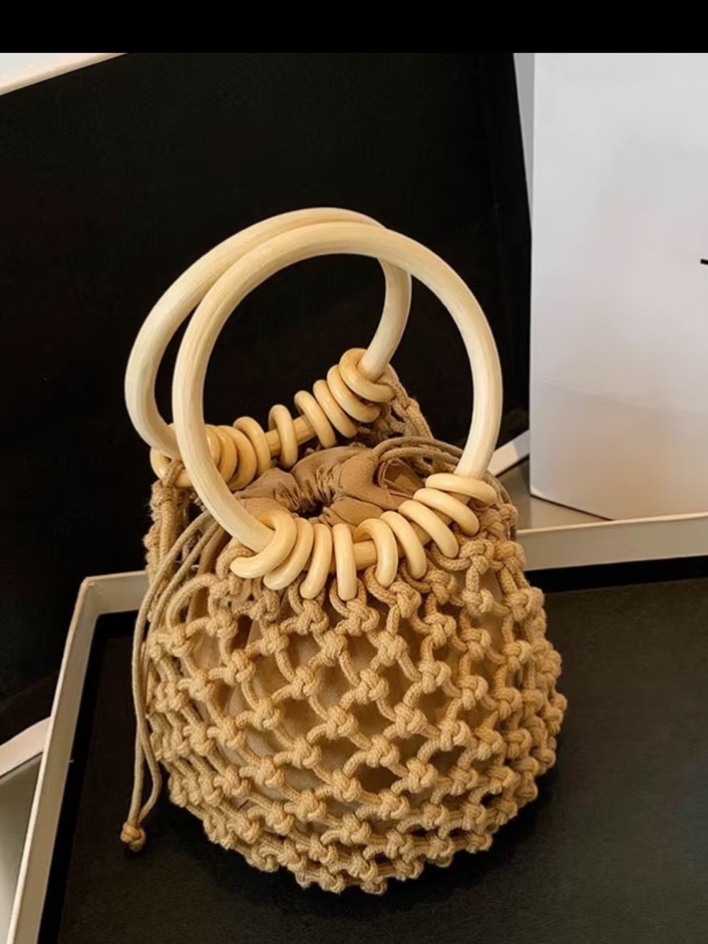 Affordable Fashion Finds Natural Beige Macramé Mini Bag with Wooden Rings